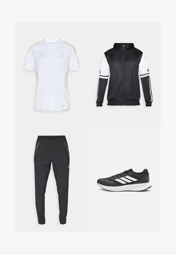 Sweatshirt preto com fecho, apresentando mangas brancas e três riscas brancas ao longo dos braços. Feito de um tecido suave e leve. Design do capuz incluído.; Camisola branca de mangas curtas, com riscas nos ombros em azul claro e amarelo, costuras laterais em rosa e o logo da Juventus.; adidas Performance JUVENTUS TIRO25 COMPETITION VIS TECH TRAVEL PANT - Calças de fato de treino - black/bliss pink; Shoe de atletismo preto com parte superior em malha respirável, detalhes brancos e sola almofadada. Apresenta o logotipo das três riscas na lateral.