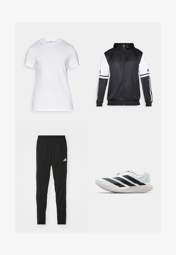 Black zip-up hoodie featuring white sleeves and three white stripes along the arms. Made from a smooth, lightweight fabric. Hoodie design included.; White cotton T-shirt with short sleeves, crew neckline, and a straight cut. Features a small brand label on the left hem. Soft texture.; Black athletic pants with an elastic waistband, tapered design, and a white Adidas logo on the left thigh. Smooth, lightweight fabric.; Lightweight running shoes in pale blue with black stripes. Features a smooth upper, round toe, and thick white midsole labeled "LIGHTSTRIKE PRO."