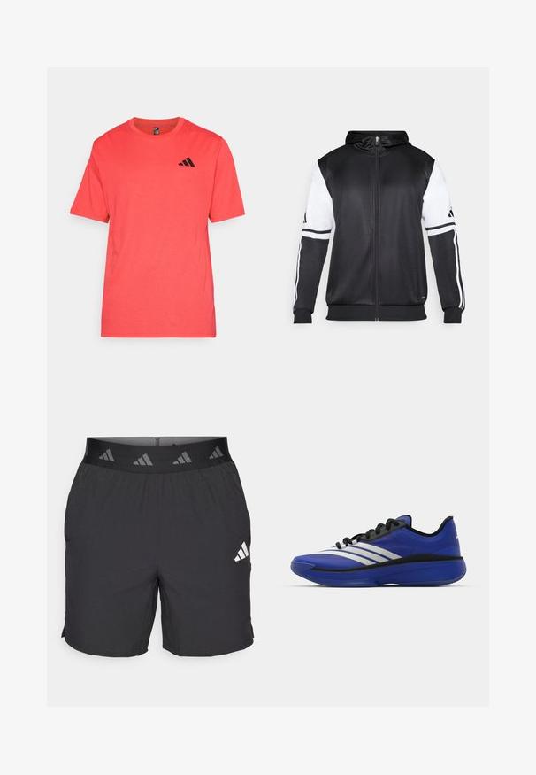 Černá mikina na zip s bílými rukávy a třemi bílými pruhy podél ramen. Vyrobena z hladkého, lehkého materiálu. Design mikiny je zahrnut.; Červené sportovní tričko vyrobené z lehkého materiálu. Krátké rukávy, kulatý výstřih, na levé hrudi se nachází černé logo Adidas. Hladká textura.; Černé sportovní šortky vyrobené z lehkého materiálu. Mají elastický pas s vzorovaným logem a malé bílé logo na levé straně.; adidas Performance ADIZERO SELECT 3.0 - Basketbalové boty - lucid blue/core black/metallic