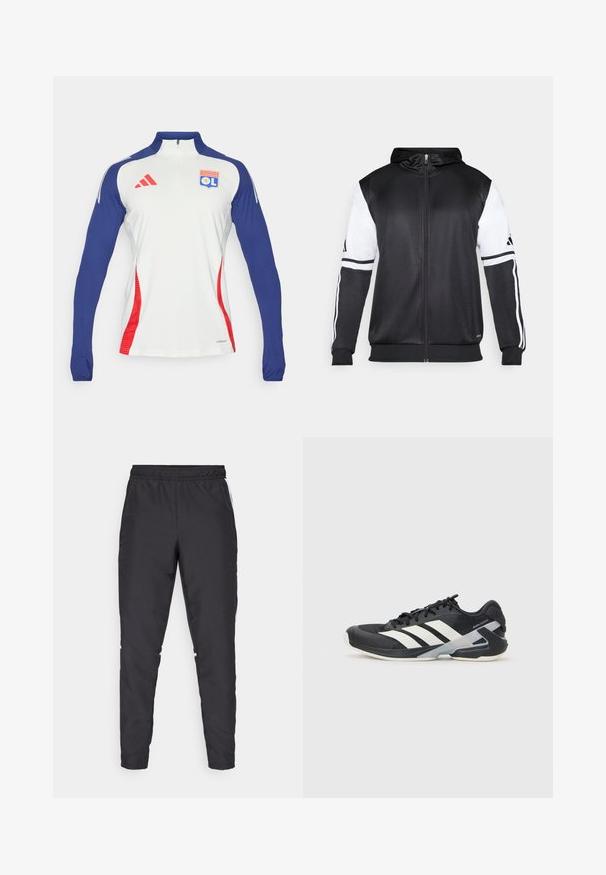 Sort zip-up hættetrøje med hvide ærmer og tre hvide striber langs armene. Lavet af et glat, letvægtsstof. Designet til hættetrøjen er inkluderet.; Langærmet hvid atletisk skjorte med marineblå ærmer og røde detaljer. Har en lynlås-talje og et Olympique Lyonnais-logo på brystet.; Sorte atletiske bukser med elastisk talje, snævre ben og hvide sidelæggi. Fremstillet af syntetisk materiale med en glat overflade.; Sort sportsko med hvide striber, mesh-overdel, rund tå og dæmpet sål. Har en tekstureret hæl og et sikkert snøresystem.