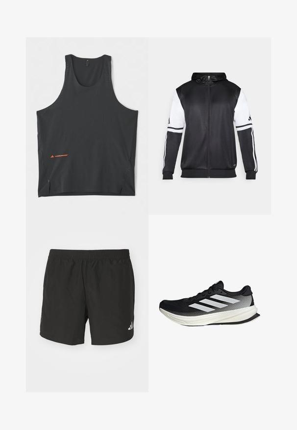 Felpa nera con zip, caratterizzata da maniche bianche e tre strisce bianche lungo le braccia. Realizzata in un tessuto liscio e leggero. Design della felpa incluso.; adidas Performance 365 HERMANOS KOUMORI SINGLET - Top - black; Pantaloni corti sportivi neri con vita elastica, fessure laterali e dettagli riflettenti del logo. Realizzati in un tessuto leggero e liscio.; Scarpa sportiva nera con design in rete, caratterizzata da strisce bianche, punta arrotondata e suola testurizzata per aderenza e supporto.
