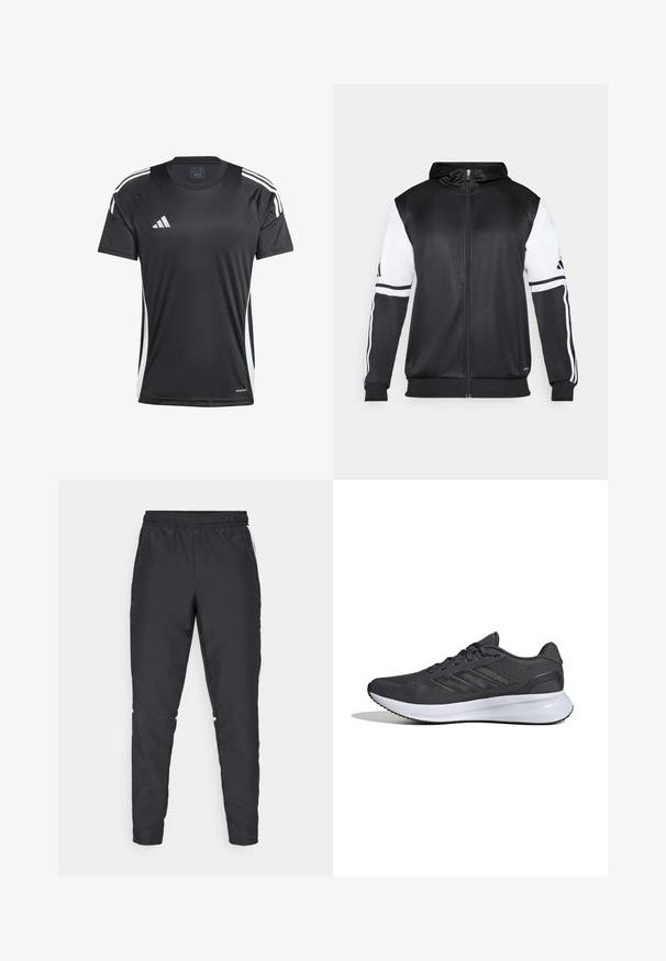 Svart hettegenser med glidelås som har hvite ermer og tre hvite striper langs armene. Laget av et glatt, lett stoff. Designet inkluderer hettegenseren.; Svart treningst-skjorte med korte ermer, med hvite sidestiper og Adidas-logo. Laget av glatt, fukttransporterende materiale.; Svarte treningsbukser med elastisk midje, avsmalnende ben og hvite sideakenter. Laget av syntetisk materiale med en glatt tekstur.; Idrettssko i mørkegrå mesh materiale med svarte detaljer. Har en hvit såle og tre hvite striper på siden.