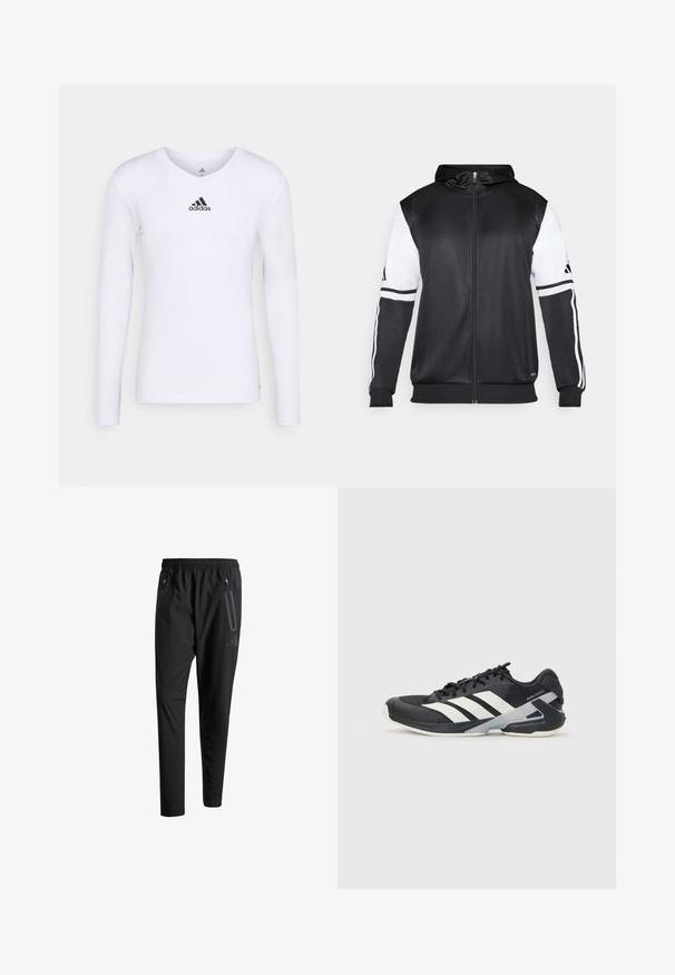 Čierna mikina s kapucňou na zips s bielymi rukávmi a tromi bielymi pruhmi pozdĺž rúk. Vyrobená z hladkej, ľahkej tkaniny. Design mikiny je zahrnutý.; Dlhý rukáv bielej atletickej košele vyrobenej z hladkého materiálu so známym čiernym logom Adidas na hrudi; dizajn do V a priliehavý strih.; Čierne športové nohavice s elastickým pásom, dvoma bočnými zipsovými vreckami, zužujúcimi sa nohavicami a nenápadným detailom loga na bokoch.; Čierna športová obuv s bielymi pruhmi, sieťovinový zvršok, zaoblená špička a polstrovaná podrážka. Obsahuje štruktúrovaný opätok a bezpečný systém šnurovania.
