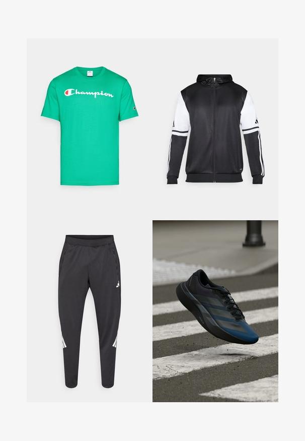 Black zip-up hoodie featuring white sleeves and three white stripes along the arms. Made from a smooth, lightweight fabric. Hoodie design included.; Green cotton t-shirt with short sleeves, featuring a white “Champion” logo across the chest and a small logo on the left sleeve.; Black athletic pants with tapered legs, elastic waistband, side pockets, and white logo and stripes detailing. Made from a smooth, lightweight material.; Black and blue athletic shoe with a streamlined design, featuring a textured upper, contrasting stripes, and a cushioned sole, hovering over pavement.