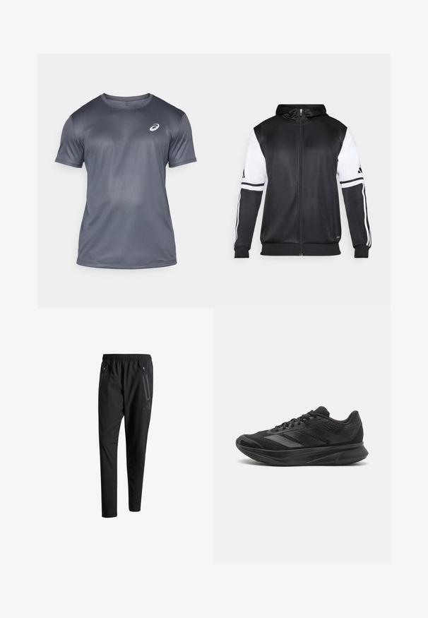 Black zip-up hoodie featuring white sleeves and three white stripes along the arms. Made from a smooth, lightweight fabric. Hoodie design included.; ASICS CORE TOP - Sports T-shirt - carrier grey; Black athletic pants with an elastic waistband, two zippered side pockets, tapered legs, and a subtle logo detail on the hip.; Black athletic shoe with mesh and synthetic materials, streamlined design, curved sole, and textured detailing on the upper.