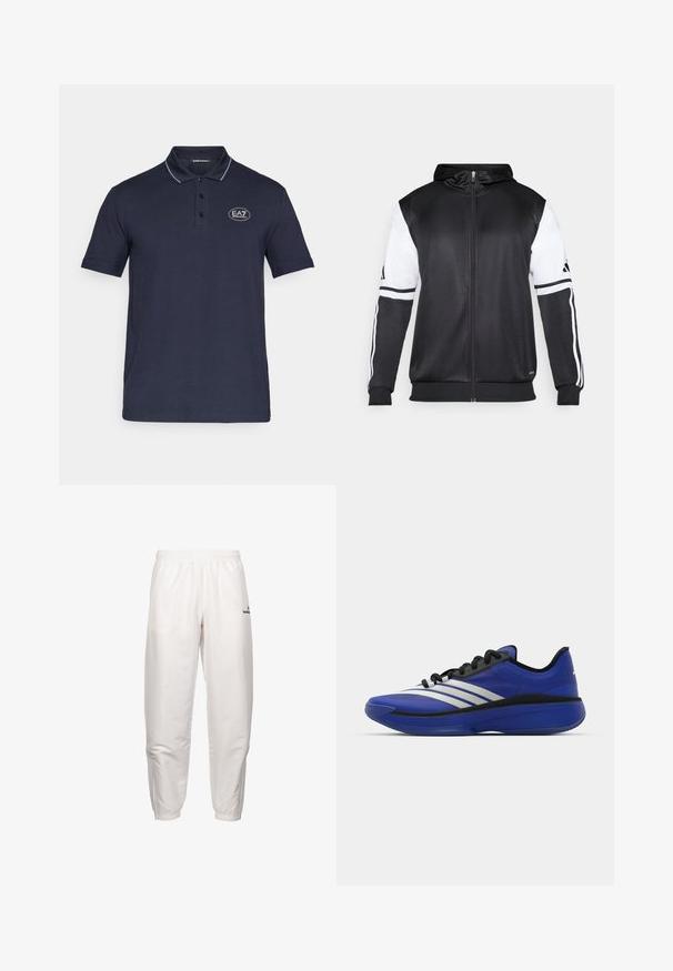 Sweatshirt preto com fecho, apresentando mangas brancas e três riscas brancas ao longo dos braços. Feito de um tecido suave e leve. Design do capuz incluído.; Polo de cor azul-marinho feito de algodão macio, apresentando colarinho clássico, pala com três botões e uma lista de destaque branca. Logótipo EA7 no peito.; Calças de treino brancas em poliéster com um cós elástico, bolsos laterais e punhos elásticos nos tornozelos. Apresenta um pequeno detalhe do logo.; adidas Performance ADIZERO SELECT 3.0 - Sapatilhas de basquetebol - lucid blue/core black/metallic