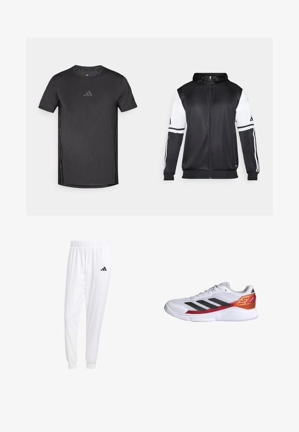 Sweatshirt preto com fecho, apresentando mangas brancas e três riscas brancas ao longo dos braços. Feito de um tecido suave e leve. Design do capuz incluído.; T-shirt atlético preto de mangas curtas, feito de tecido respirável. Apresenta um logótipo subtil no peito e detalhes texturizados nas laterais.; Calças esportivas brancas feitas de tecido suave, com uma cintura elástica e punhos ajustados, apresentando um logo preto no bolso de trás.; Ténis desportivo branco com riscas pretas, parte superior em malha texturada, um detalhe vermelho e laranja no calcanhar e sola de borracha branca.