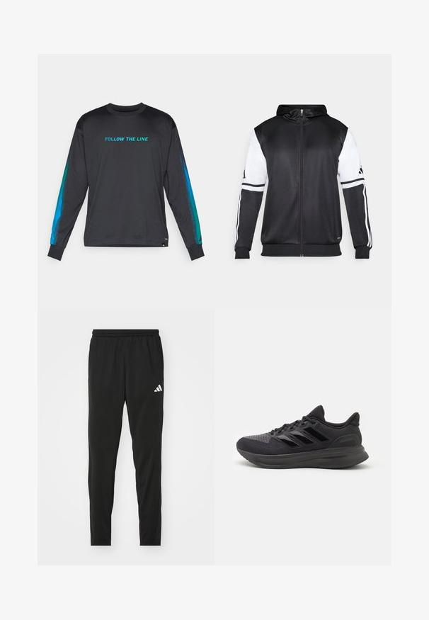 Felpa nera con zip, caratterizzata da maniche bianche e tre strisce bianche lungo le braccia. Realizzata in un tessuto liscio e leggero. Design della felpa incluso.; Maglietta nera a maniche lunghe con la scritta "SEGUI LA LINEA" in turchese. Presenta dettagli in gradiente blu sulle maniche e un design con scollatura a girocollo.; Pantaloni sportivi neri con vita elastica, design affusolato e logo bianco Adidas sulla coscia sinistra. Tessuto liscio e leggero.; Scarpa sportiva nera con tomaia in tessuto testurizzato, suola in gomma e tre strisce nere lucide sul lato. Punta arrotondata e tallone imbottito.