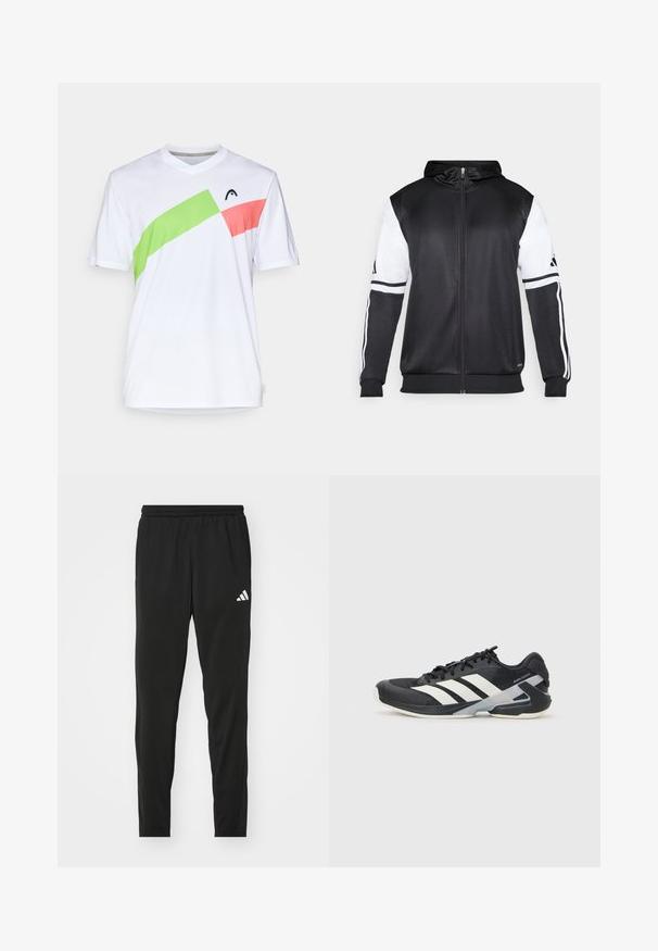 Sort zip-up hættetrøje med hvide ærmer og tre hvide striber langs armene. Lavet af et glat, letvægtsstof. Designet til hættetrøjen er inkluderet.; Hvid sports T-shirt med v-hals, med diagonale detaljer i grøn og lyserød. Lavet af letvægts, åndbart stof.; Sorte atletiske bukser med elastisk talje, skræddersyet design og et hvidt Adidas-logo på venstre lår. Glat, letvægtsstof.; Sort sportsko med hvide striber, mesh-overdel, rund tå og dæmpet sål. Har en tekstureret hæl og et sikkert snøresystem.