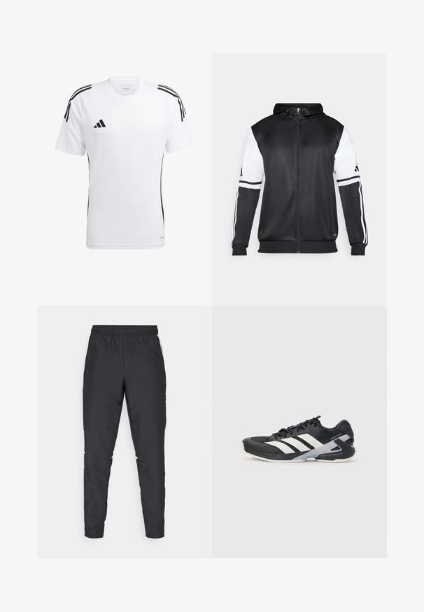 Melnā džemperis ar rāvējslēdzēju, ar baltām piedurknēm un trim baltām svītrām gar rokām. Izgatavots no gludas, vieglas auduma. Džempera dizains iekļauts.; Balta sporta t-kreklu ar īsām piedurknēm, divām melnām sānu strīpām un Adidas logo uz krūšu daļas. Izgatavots no viegla, mitrumu aizturoša auduma.; Melnas sporta bikses ar elastīgu jostu, sašaurinātām kājām un baltām sānu akcentiem. Izgatavotas no sintētiska materiāla ar gludu tekstūru.; Melnas sporta kurpes ar baltām svītrām, acs augšdaļa, noapaļots pirksts un mīksts zole. Iespējams ar teksturētu papēdi un drošu šņoru sistēmu.