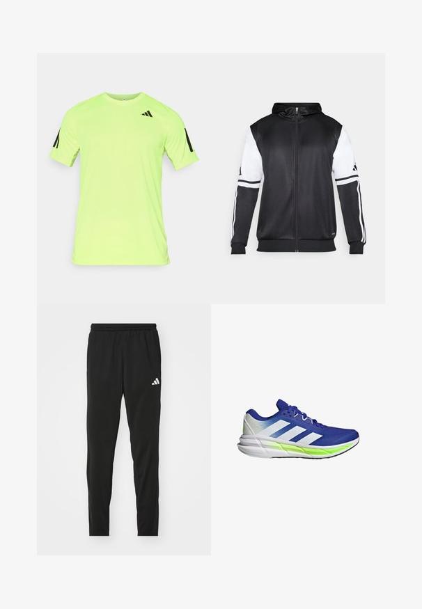 Svart zip-up hoodie med vita ärmar och tre vita ränder längs armarna. Tillverkad av ett mjukt och lätt tyg. Design av hoodie ingår.; Neon gul kortärmad träningströja med fukttransporterande tyg, med svart Adidas-logga och ränder på ärmarna.; Svarta träningsbyxor med elastiskt midjeband, smalnande design och en vit Adidas-logotyp på vänster lår. Slätt, lätt tyg.; Blå sportskor med vit accent, ovandel i mesh och dämpande sula som framhävs av en neongrön rand. Har en böjd design.