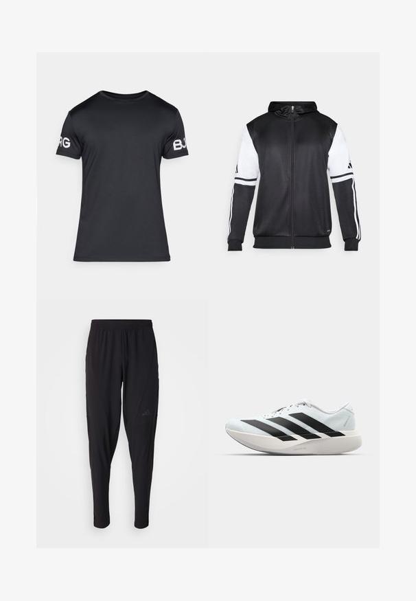 Černá mikina na zip s bílými rukávy a třemi bílými pruhy podél ramen. Vyrobena z hladkého, lehkého materiálu. Design mikiny je zahrnut.; Černé tričko s krátkým rukávem vyrobené z hladké látky. Má kulatý výstřih a bílé nápis "BORG" na levém rukávu. Jednoduchý, přiléhavý design.; Černé sportovní kalhoty s elastickým páskem, zúženým střihem, bočními kapsami a nenápadným logem. Vyrobeno z pružné, prodyšné látky.; Lehké běžecké boty v světle modré barvě s černými pruhy. Mají hladký svršek, kulatou špičku a silnou bílou mezipodešev označenou "LIGHTSTRIKE PRO."