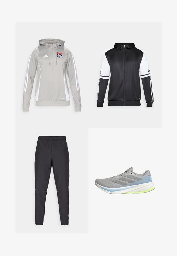 Svart zip-up hoodie med vita ärmar och tre vita ränder längs armarna. Tillverkad av ett mjukt och lätt tyg. Design av hoodie ingår.; Grå atletisk hoodie med vita sidopaneler och tre vita ränder på ärmarna. Har en frontdragkedja, huva med snörning och broderad logotyp.; Svarta träningsbyxor med elastisk midjeband, smalnande ben och vita sidodetaljer. Tillverkade av syntetiskt material med en slät yta.; Lättvikts löparsko i grått mesh med blå och limegröna accenter. Har en böjd sula, strukturerat mönster och sex öglor för snörning.