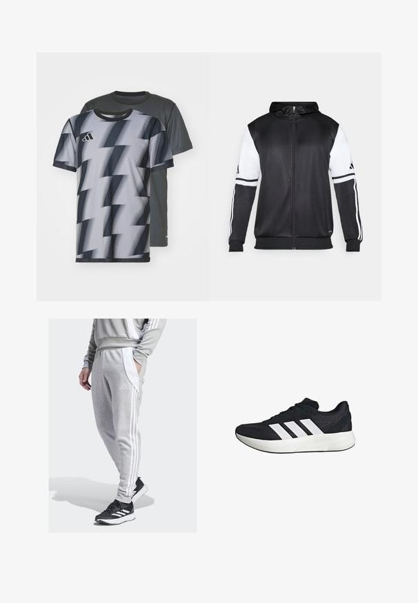 Čierna mikina s kapucňou na zips s bielymi rukávmi a tromi bielymi pruhmi pozdĺž rúk. Vyrobená z hladkej, ľahkej tkaniny. Design mikiny je zahrnutý.; Dvoje tričiek s krátkym rukávom: jedny šedé s jemnou textúrou, druhé s čierno-bielym cik-cakovým vzorom, obe s okrúhlym výstrihom.; Šedé tepláky s bielymi bočnými pruhmi a logom Adidas, vyrobené z mäkkého materiálu. V kombinácii s čiernymi športovými topánkami.; Čierna športová obuv s priedušným sieťovinovým zvrškom, tromi bielymi pruhmi na boku, pevným gumovým podrážkou a minimalistickým dizajnovým prevedením.