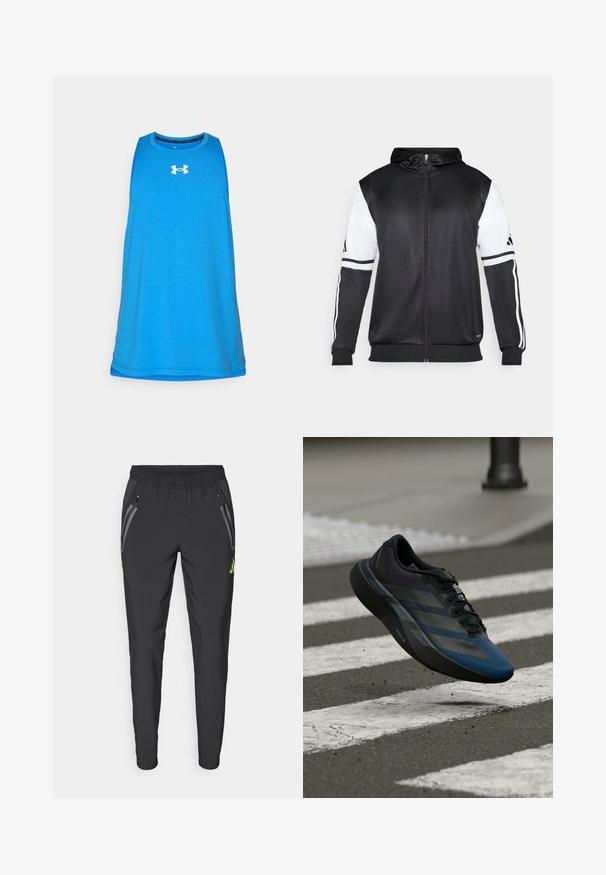 Sweatshirt preto com fecho, apresentando mangas brancas e três riscas brancas ao longo dos braços. Feito de um tecido suave e leve. Design do capuz incluído.; Top atlético sem mangas azul, feito de um tecido leve e respirável. Apresenta um logótipo branco no peito e um design de gola redonda.; adidas Performance REAL MADRID TIRO25 PRO VIS TECH TRAVEL PANT - Roupa de discoteca - black/lucid lemon; Tênis atlético preto e azul com design aerodinâmico, apresentando uma parte superior texturizada, riscas contrastantes e uma sola acolchoada, pairando sobre o pavimento.