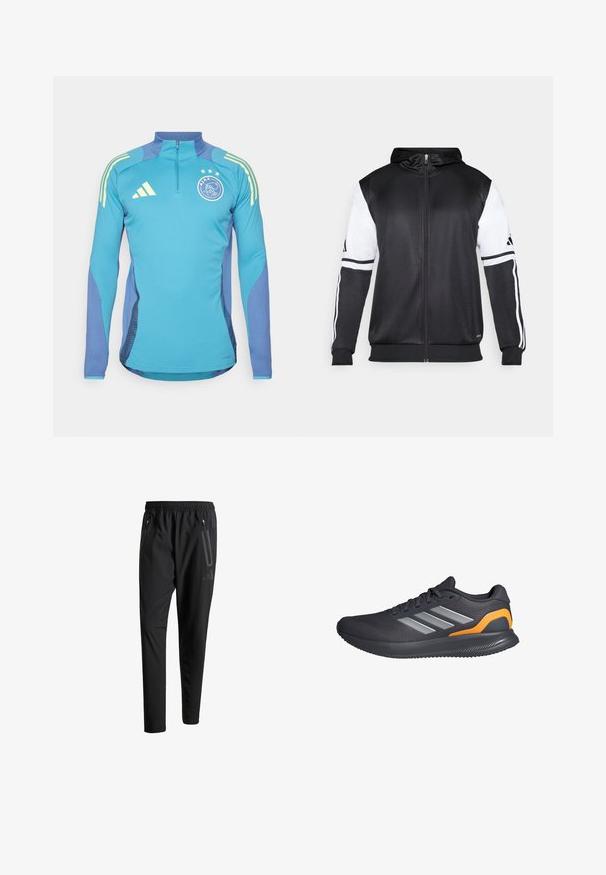 Black zip-up hoodie featuring white sleeves and three white stripes along the arms. Made from a smooth, lightweight fabric. Hoodie design included.; adidas Performance AJAX AMSTERDAM TRAINING TOP - Long sleeved top - tactile steel; Black athletic pants with an elastic waistband, two zippered side pockets, tapered legs, and a subtle logo detail on the hip.; Men's running shoes in black mesh with silver accents. Features a textured sole, orange detail on the heel, and a traditional lace-up design.