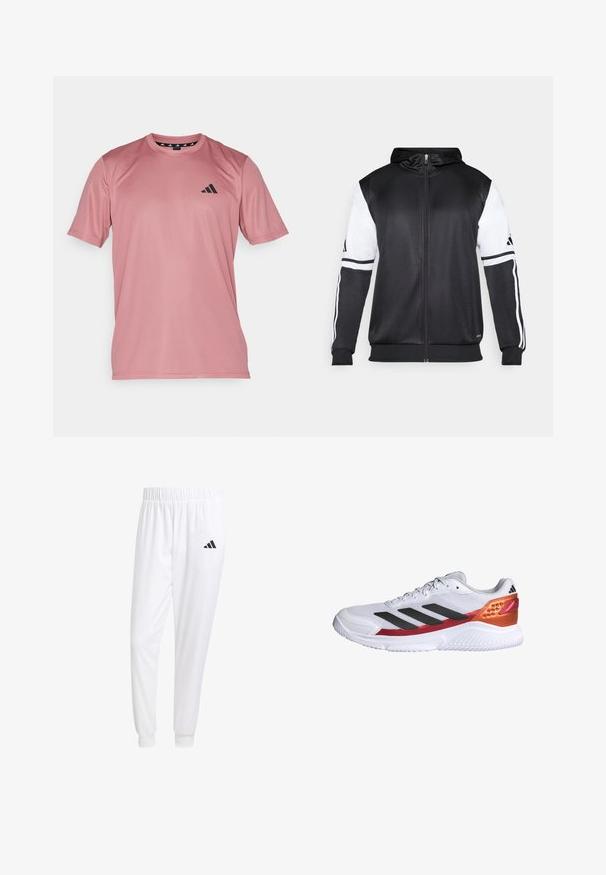 Svart zip-up hoodie med vita ärmar och tre vita ränder längs armarna. Tillverkad av ett mjukt och lätt tyg. Design av hoodie ingår.; adidas Performance T-shirt till träning - preloved crimson/black; Vita atletiska byxor gjorda av slät tyg, med resårmidja och åtsittande manschetter, samt en svart logotyp på bakfickan.; Vitt sportskor med svarta ränder, texturerad mesh-överdel, en röd och orange hälaccent och en vit gummisula.