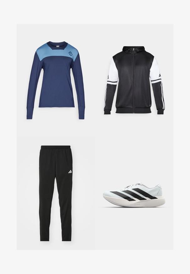 Melnā džemperis ar rāvējslēdzēju, ar baltām piedurknēm un trim baltām svītrām gar rokām. Izgatavots no gludas, vieglas auduma. Džempera dizains iekļauts.; Ilgo piedurkņu sporta krekls, kas izgatavots no mitrumu izsvīdinoša auduma; tumši zila pamatne ar gaiši ziliem plecu akcentiem un nelielu logo uz krūtīm.; Melnas sporta bikses ar elastīgu jostasvietu, sašaurinātu dizainu un baltu Adidas logo uz kreisā augšstilba. Gluda, viegla auduma struktūra.; Gaiši zili vieglie skriešanas apavi ar melniem svītrainiem. Iezīmēti ar gludu augšpusi, apaļu purngalu un biezāko balto vidējo zoli, kurā ir uzraksts "LIGHTSTRIKE PRO."