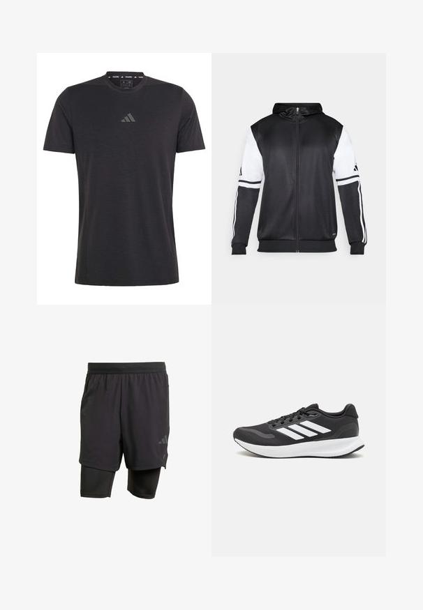 Sweatshirt preto com fecho, apresentando mangas brancas e três riscas brancas ao longo dos braços. Feito de um tecido suave e leve. Design do capuz incluído.; T-shirt de treino preto de mangas curtas, feito de tecido leve, com decote redondo e um logo em relevo discreto no peito.; Calções atléticos pretos com camada interior integrada, feitos de tecido respirável. Apresentam um logotipo subtil e textura estruturada. Cintura ajustável.; Shoe de atletismo preto com parte superior em malha respirável, detalhes brancos e sola almofadada. Apresenta o logotipo das três riscas na lateral.