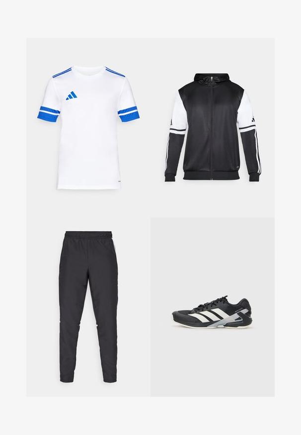 Melnā džemperis ar rāvējslēdzēju, ar baltām piedurknēm un trim baltām svītrām gar rokām. Izgatavots no gludas, vieglas auduma. Džempera dizains iekļauts.; Balts īsām piedurknēm futbola krekls ar zilām akcentiem un trim zilām svītrām uz katras pleca. Izgatavots no gludas, elpojošas auduma.; Melnas sporta bikses ar elastīgu jostu, sašaurinātām kājām un baltām sānu akcentiem. Izgatavotas no sintētiska materiāla ar gludu tekstūru.; Melnas sporta kurpes ar baltām svītrām, acs augšdaļa, noapaļots pirksts un mīksts zole. Iespējams ar teksturētu papēdi un drošu šņoru sistēmu.