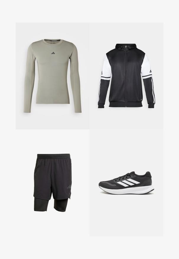 Μαύρη φούτερ με φερμουάρ που διαθέτει λευκά μανίκια και τρεις λευκές ρίγες κατά μήκος των χεριών. Φτιαγμένο από μαλακό, ελαφρύ ύφασμα. Περιλαμβάνει σχέδιο φούτερ.; Μακρυμάνικη αθλητική μπλούζα από ανοιχτό πράσινο ύφασμα. Διαθέτει στρογγυλή λαιμόκοψη, εφαρμοστή γραμμή και ένα μικρό μαύρο λογότυπο στο στήθος.; Μαύρες αθλητικές βερμούδες με ενσωματωμένο εσωτερικό στρώμα, φτιαγμένες από αναπνεύσιμο ύφασμα. Διαθέτουν διακριτικό λογότυπο και δομημένη υφή. Ρυθμιζόμενη ζώνη στη μέση.; Μαύρο αθλητικό παπούτσι με διαπνέον επάνω τμήμα από πλέγμα, λευκές λεπτομέρειες και μαλακή σόλα. Διαθέτει το λογότυπο με τις τρεις ρίγες στο πλάι.