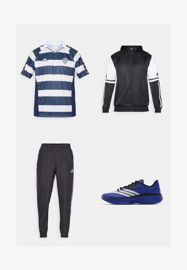 Mustapohjainen vetsaritakki, jossa on valkoiset hihnat ja kolme valkoista raitaa hihassa. Valmistettu sileästä, kevyestä kankaasta. Mukana hupparisuunnittelu.; Tummansininen ja valkoinen raidoitettu polyesterijersey, jossa on V-pääntie, lyhyet hihat ja logotiedot rinnassa ja hihoissa.; Mustat urheiluhousut elastisella vyötäröllä, joissa on valkoiset raidat sivuilla ja pieni logo lantion kohdalla. Sileä materiaali.; adidas Performance ADIZERO SELECT 3.0 - Koripallokengät - lucid blue/core black/metallic