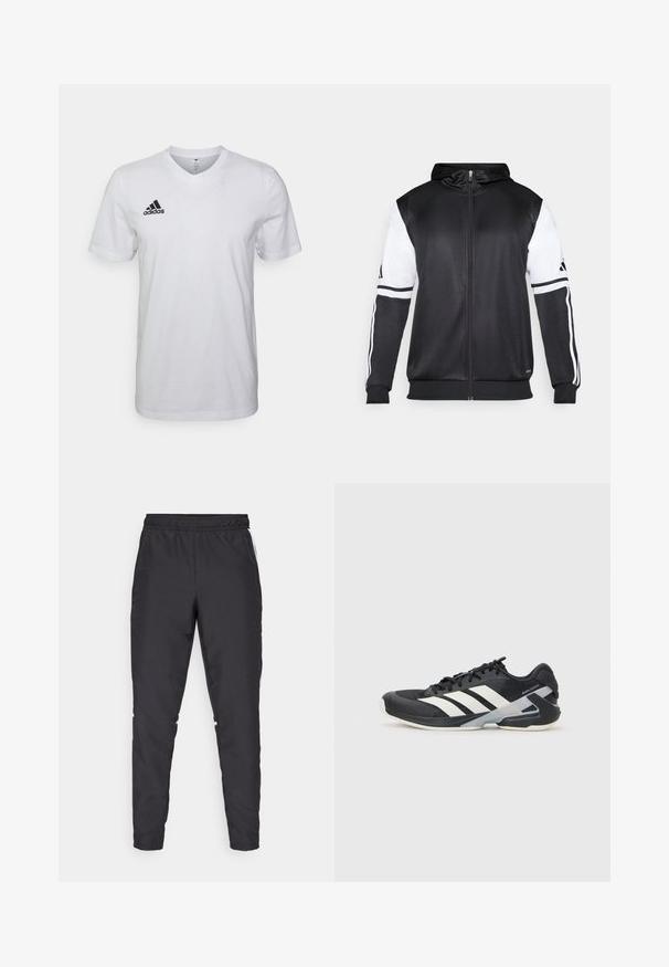 Hanorac negru cu fermoar, având mâneci albe și trei dungi albe pe brațe. Fabricat dintr-un material neted și ușor. Designul hanoracului este inclus.; Tricou alb din bumbac, cu guler în V, mâneci scurte și un logo Adidas negru pe pieptul stâng. Design simplu și ușor.; Pantaloni de sport negri cu talie elastică, picioare conice și accente laterale albe. Fabricat din material sintetic cu o textură netedă.; Pantofii sport negri cu dungi albe, superior din plasă, vârf rotunjit și talpă îmbunătățită pentru amortizare. Au o călcătură texturată și un sistem de șireturi securizat.