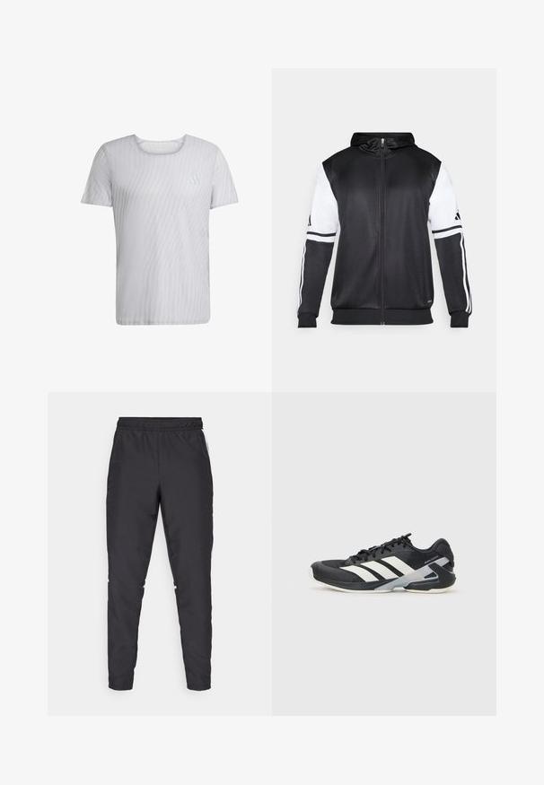 Svart zip-up hoodie med vita ärmar och tre vita ränder längs armarna. Tillverkad av ett mjukt och lätt tyg. Design av hoodie ingår.; Vit kortärmad T-shirt med en subtil randig textur och rundad halsringning. Har en liten logotyp på vänster bröstområde.; Svarta träningsbyxor med elastisk midjeband, smalnande ben och vita sidodetaljer. Tillverkade av syntetiskt material med en slät yta.; Svart atletisk sko med vita ränder, mesh-övre, rund tå och dämpad sula. Har en strukturerad häl och ett säkert snörningssystem.