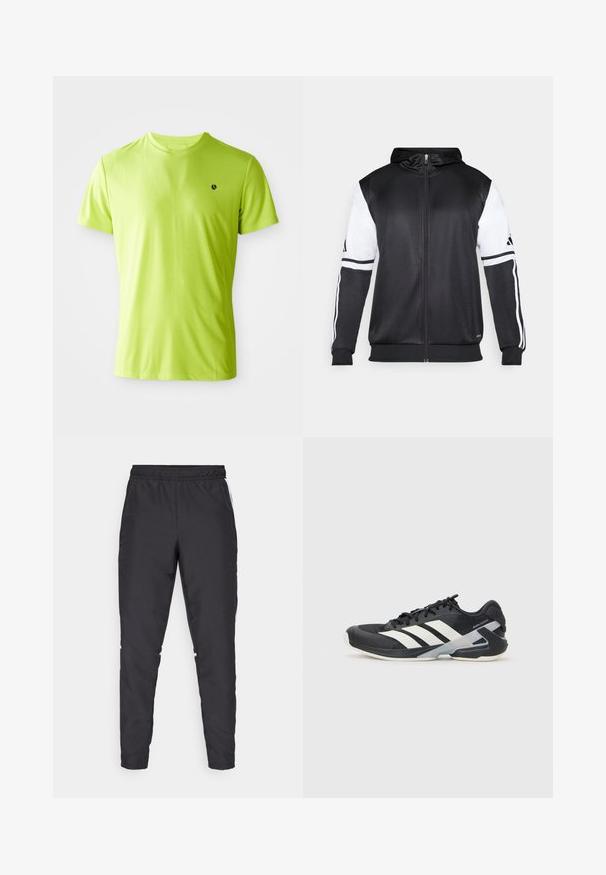 Svart hettegenser med glidelås som har hvite ermer og tre hvite striper langs armene. Laget av et glatt, lett stoff. Designet inkluderer hettegenseren.; Lysende limegrønn kortermet trenings-T-skjorte med en liten svart logo på venstre bryst, vist mot en hvit bakgrunn.; Svarte treningsbukser med elastisk midje, avsmalnende ben og hvite sideakenter. Laget av syntetisk materiale med en glatt tekstur.; Svart treningssko med hvite striper, mesh-overdel, avrundet tå og polstret såle. Har en teksturert hæl og et sikkert snøresystem.