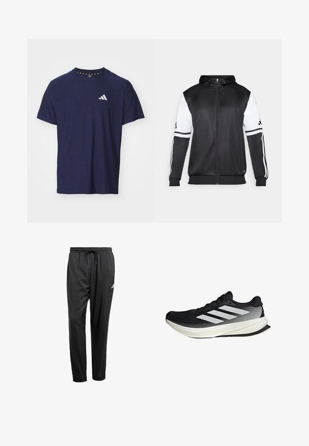 Czarna bluza z kapturem na zamek z białymi rękawami i trzema białymi paskami wzdłuż ramion. Wykonana z gładkiego, lekkiego materiału. Zawiera wzór bluzy z kapturem.; Granatowa koszulka z krótkim rękawem wykonana z teksturowanej tkaniny, z okrągłym dekoltem i białym wzorem logo na lewej piersi.; Czarne spodnie sportowe z elastycznym pasem, sznurkiem, zakończone ściągaczami na kostkach i małym białym logo na prawej udzie.; Czarny but sportowy z siateczkowym wzorem, z białymi paskami, zaokrąglonym noskiem i teksturowaną podeszwą dla lepszej przyczepności i wsparcia.