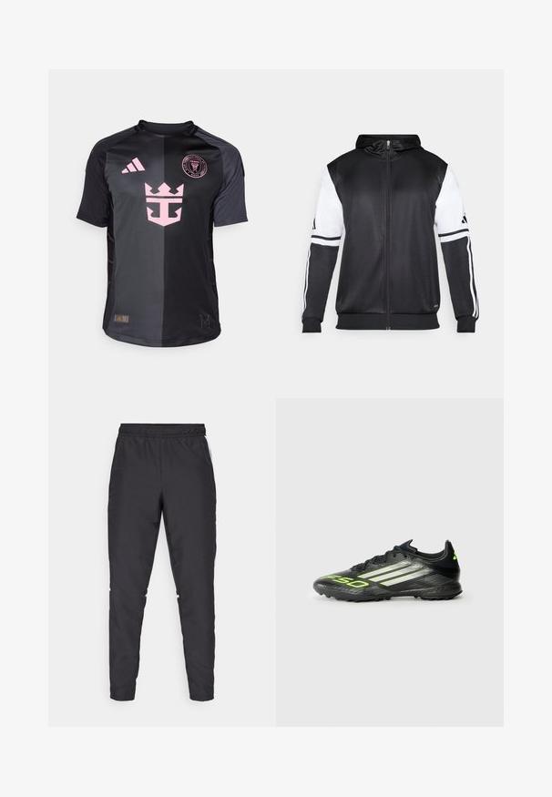 Černá mikina na zip s bílými rukávy a třemi bílými pruhy podél ramen. Vyrobena z hladkého, lehkého materiálu. Design mikiny je zahrnut.; adidas Performance INTER MIAMI CLOUDFOAM25/26 AWAY AUTHENTIC - Klubové oblečení - black; Černé sportovní kalhoty s elastickým pasem, zúženými nohavicemi a bílými bočními akcenty. Vyrobené z umělého materiálu s hladkým povrchem.; Černé fotbalové kopačky s texturovaným povrchem, zdobené jasně zelenými akcenty a třemi bílými pruhy. Navrženy pro umělou trávu s gumovou podrážkou.