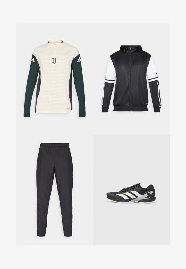 Sweatshirt preto com fecho, apresentando mangas brancas e três riscas brancas ao longo dos braços. Feito de um tecido suave e leve. Design do capuz incluído.; adidas Performance JUVENTUS 25/26 TIRO25 EUROPEAN PRO TRAINING TOP - Roupa de discoteca - ecru tint; Calças atléticas pretas com um cós elástico, pernas ajustadas e acentos brancos nas laterais. Feitas de material sintético com uma textura suave.; Sapata atlética preta com riscas brancas, parte superior em malha, biqueira arredondada e sola acolchoada. Apresenta um calcanhar texturizado e um sistema de atacadores seguro.