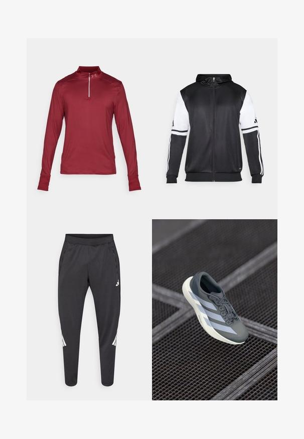 Black zip-up hoodie featuring white sleeves and three white stripes along the arms. Made from a smooth, lightweight fabric. Hoodie design included.; Under Armour LAUNCH PRO 1/4 ZIP - Long sleeved top - cardinal; Black athletic pants with tapered legs, elastic waistband, side pockets, and white logo and stripes detailing. Made from a smooth, lightweight material.; Sport shoe in gray and white, made of synthetic material, with a streamlined design, textured finish, and prominent lacing system.