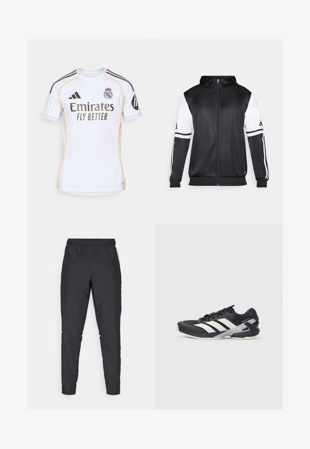 Černá mikina na zip s bílými rukávy a třemi bílými pruhy podél ramen. Vyrobena z hladkého, lehkého materiálu. Design mikiny je zahrnut.; Bílý fotbalový dres vyrobený z lehkého materiálu, s žlutými akcenty, černými pruhy na ramenou a týmovým logem na hrudi.; Černé sportovní kalhoty s elastickým pasem, zúženými nohavicemi a bílými bočními akcenty. Vyrobené z umělého materiálu s hladkým povrchem.; Černá sportovní obuv s bílými pruhy, síťovaným svrškem, zaoblenou špičkou a polstrovanou podrážkou. Obsahuje texturovanou patu a bezpečný systém šněrování.