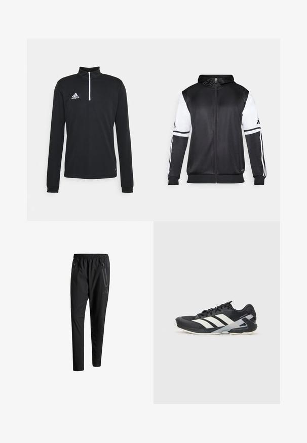 Czarna bluza z kapturem na zamek z białymi rękawami i trzema białymi paskami wzdłuż ramion. Wykonana z gładkiego, lekkiego materiału. Zawiera wzór bluzy z kapturem.; Czarna, sportowa bluzka z długim rękawem, z kołnierzem na zamek błyskawiczny do połowy. Posiada białe akcentujące szwy oraz haftowane logo na lewej piersi.; Czarne spodnie sportowe z elastycznym paskiem w talii, dwiema zasuwanymi kieszeniami bocznymi, zwężanymi nogawkami i subtelnym logo na biodrze.; Czarne buty sportowe z białymi paskami, siateczkowa cholewka, zaokrąglony czubek i amortyzowana podeszwa. Posiadają teksturowany obcas i pewny system sznurowania.