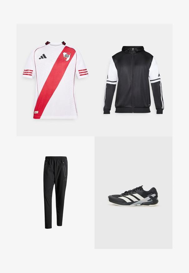 Svart hettegenser med glidelås som har hvite ermer og tre hvite striper langs armene. Laget av et glatt, lett stoff. Designet inkluderer hettegenseren.; Hvit kortermet sportstrøye med en skrå rød stripe, svarte detaljer og logoen på venstre bryst, laget av pustende stoff.; Svarte treningsbukser med elastisk liv, to glidelåslommer på sidene, avsmalnende ben og en subtil logo detalj ved hoften.; Svart treningssko med hvite striper, mesh-overdel, avrundet tå og polstret såle. Har en teksturert hæl og et sikkert snøresystem.