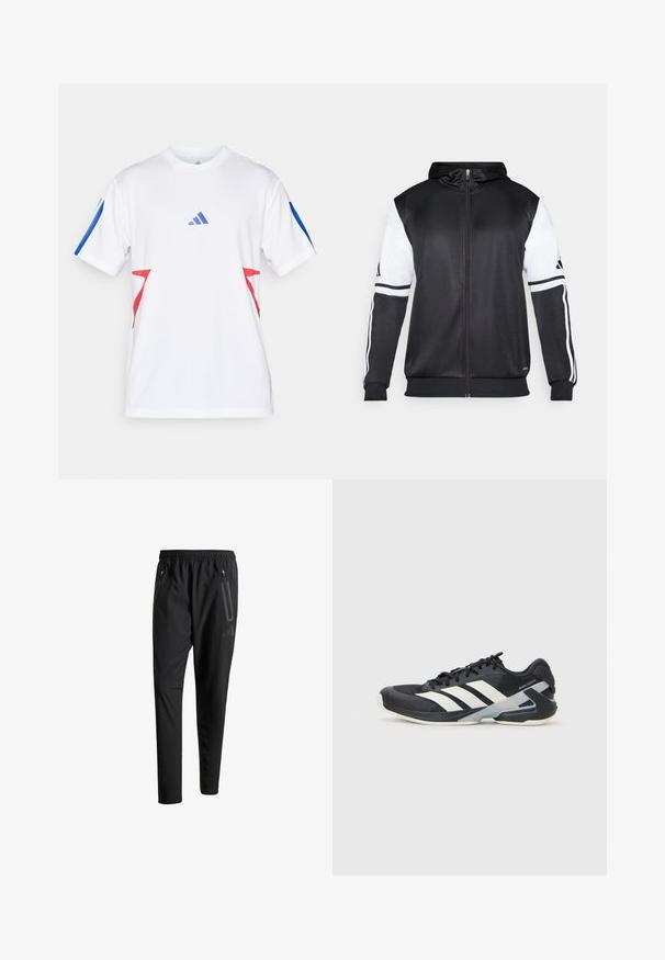 Czarna bluza z kapturem na zamek z białymi rękawami i trzema białymi paskami wzdłuż ramion. Wykonana z gładkiego, lekkiego materiału. Zawiera wzór bluzy z kapturem.; Biała koszulka sportowa z lekkiej siateczki, z niebieskimi akcentami na rękawach i czerwonymi trójkątnymi wzorami po bokach. Wyeksponowane logo Adidas.; Czarne spodnie sportowe z elastycznym paskiem w talii, dwiema zasuwanymi kieszeniami bocznymi, zwężanymi nogawkami i subtelnym logo na biodrze.; Czarne buty sportowe z białymi paskami, siateczkowa cholewka, zaokrąglony czubek i amortyzowana podeszwa. Posiadają teksturowany obcas i pewny system sznurowania.