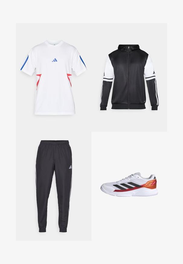 Czarna bluza z kapturem na zamek z białymi rękawami i trzema białymi paskami wzdłuż ramion. Wykonana z gładkiego, lekkiego materiału. Zawiera wzór bluzy z kapturem.; Biała koszulka sportowa z lekkiej siateczki, z niebieskimi akcentami na rękawach i czerwonymi trójkątnymi wzorami po bokach. Wyeksponowane logo Adidas.; Czarne spodnie sportowe z elastycznym paskiem w talii, z białymi paskami po bokach i małym logo na biodrze. Gładka faktura.; Biały but sportowy z czarnymi paskami, teksturowaną siateczkową górą, akcentem na pięcie w kolorze czerwono-pomarańczowym oraz białą gumową podeszwą.