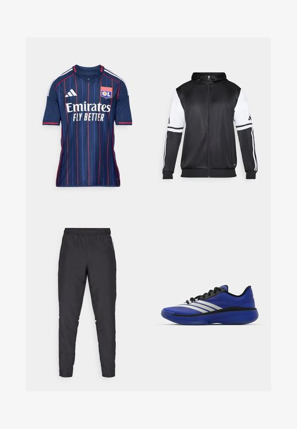 Svart hettegenser med glidelås som har hvite ermer og tre hvite striper langs armene. Laget av et glatt, lett stoff. Designet inkluderer hettegenseren.; Marinefotballtrøye med vertikale røde og blå striper, rund krage, Adidas-logo på skulderen, og fremtredende tekst "Emirates Fly Better".; Svarte treningsbukser med elastisk midje, avsmalnende ben og hvite sideakenter. Laget av syntetisk materiale med en glatt tekstur.; adidas Performance ADIZERO SELECT 3.0 - Basketballsko - lucid blue/core black/metallic