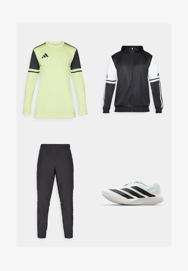 Μαύρη φούτερ με φερμουάρ που διαθέτει λευκά μανίκια και τρεις λευκές ρίγες κατά μήκος των χεριών. Φτιαγμένο από μαλακό, ελαφρύ ύφασμα. Περιλαμβάνει σχέδιο φούτερ.; Αθλητική μπλούζα με μακριά μανίκια σε νεον κίτρινο χρώμα με μαύρες λεπτομέρειες και ρίγες. Διαθέτει στρογγυλή λαιμόκοψη και είναι κατασκευασμένη από πολυεστέρα.; Μαύρο αθλητικό παντελόνι με ελαστική μέση, στενές γραμμές και λευκές ρίγες στο πλάι. Φτιαγμένο από συνθετικό υλικό με λεία υφή.; Ελαφριά αθλητικά παπούτσια τρεξίματος σε ανοιχτό μπλε με μαύρες ρίγες. Διαθέτουν λείο άνω μέρος, στρογγυλή μύτη και παχύ λευκό ενδιάμεσο πέλμα που φέρει την ετικέτα "LIGHTSTRIKE PRO."