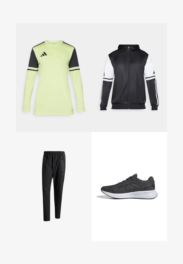 Czarna bluza z kapturem na zamek z białymi rękawami i trzema białymi paskami wzdłuż ramion. Wykonana z gładkiego, lekkiego materiału. Zawiera wzór bluzy z kapturem.; Koszulka sportowa z długim rękawem w neonowym żółtym kolorze z czarnymi akcentami i paskami. Posiada okrągły dekolt oraz jest wykonana z materiału poliestrowego.; Czarne spodnie sportowe z elastycznym paskiem w talii, dwiema zasuwanymi kieszeniami bocznymi, zwężanymi nogawkami i subtelnym logo na biodrze.; Buty sportowe z ciemnoszarego materiału siatkowego z czarnymi akcentami. Posiadają białą podeszwę środkową i trzy białe paski po boku.