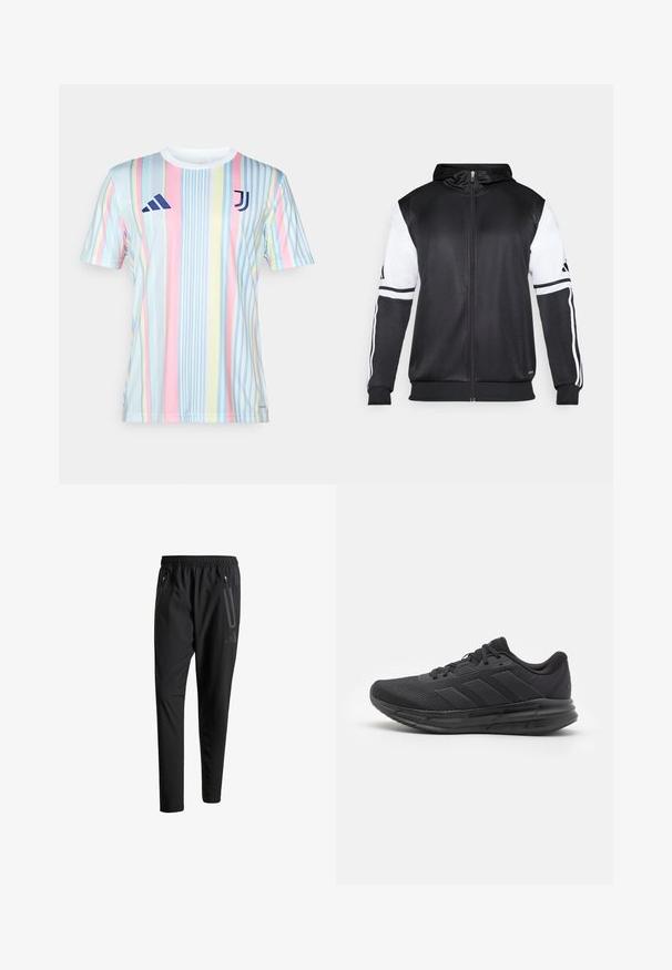 Felpa nera con zip, caratterizzata da maniche bianche e tre strisce bianche lungo le braccia. Realizzata in un tessuto liscio e leggero. Design della felpa incluso.; Maglia a strisce della Juventus in colori pastello, con righe verticali blu, rosa, giallo e bianco. Realizzata in materiale leggero e traspirante.; Pantaloni sportivi neri con vita elastica, due tasche laterali con cerniera, gambe affusolate e un sottile dettaglio del logo sull'anca.; Scarpa sportiva nera con tomaia in rete, suola in gomma, design testurizzato e dettaglio a tre strisce sul lato. Imbottitura in schiuma per il comfort.