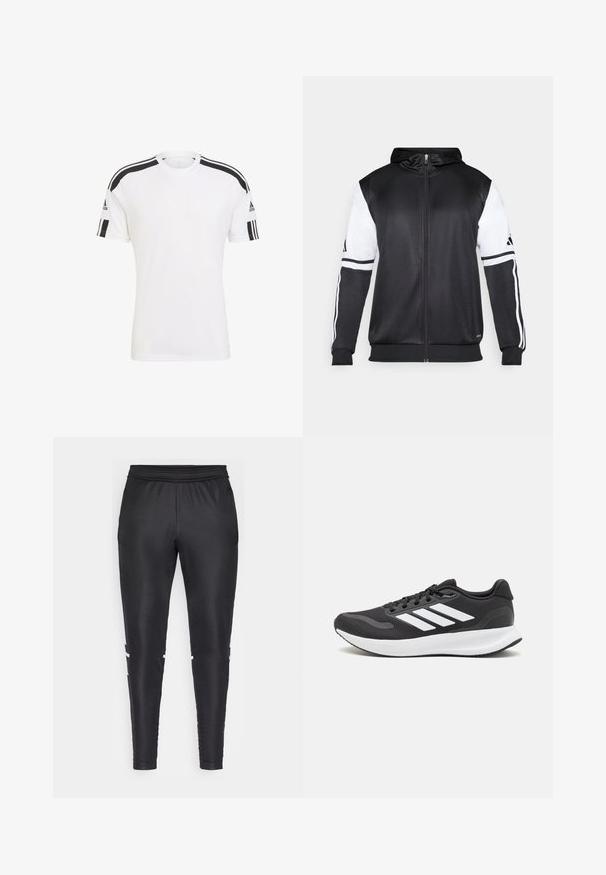 Sort zip-up hættetrøje med hvide ærmer og tre hvide striber langs armene. Lavet af et glat, letvægtsstof. Designet til hættetrøjen er inkluderet.; Hvid atletisk t-shirt med sorte striber på skuldrene, lavet af åndbart stof. Korte ærmer og rund halsudskæring.; Sorte sportbukser lavet af glat stof, med en tætsiddende pasform, elastisk talje og hvide accentstriber på siderne.; Sort atletik sko med åndbart mesh-overdel, hvide accenter og en polstret sål. Har tre-stripes logo på siden.