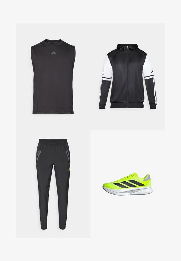 Black zip-up hoodie featuring white sleeves and three white stripes along the arms. Made from a smooth, lightweight fabric. Hoodie design included.; Black sleeveless athletic shirt made of smooth fabric, featuring a round neckline and subtle logo detail on the front.; adidas Performance REAL MADRID TIRO25 PRO VIS TECH TRAVEL PANT - Club wear - black/lucid lemon; Neon yellow running shoe with black stripes, mesh upper, and gray accents. Features a lightweight white midsole and textured rubber outsole.