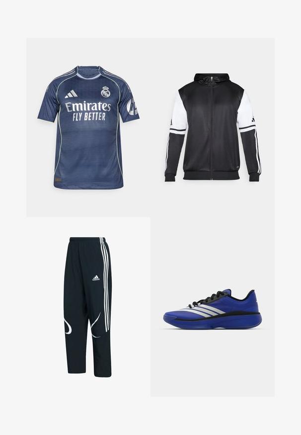 Sweatshirt preto com fecho, apresentando mangas brancas e três riscas brancas ao longo dos braços. Feito de um tecido suave e leve. Design do capuz incluído.; Camisa de futebol azul-marinho com mangas curtas. Apresenta o logótipo branco "Emirates Fly Better", riscas da Adidas e um tecido texturizado.; Calças de treino pretas com riscas brancas e logótipo, apresentando um corte largo, faixa elástica na cintura e padrões brancos curvados nas laterais.; adidas Performance ADIZERO SELECT 3.0 - Sapatilhas de basquetebol - lucid blue/core black/metallic