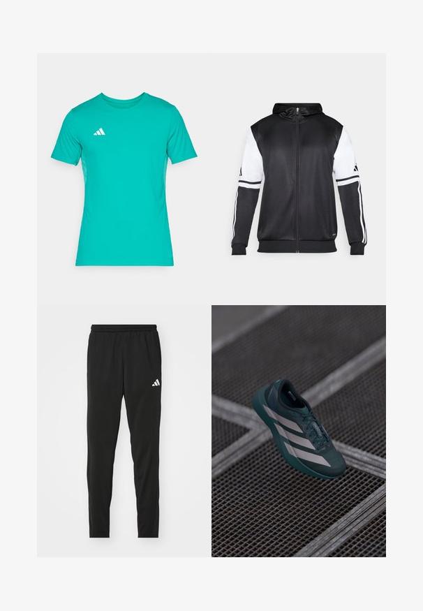 Črna zip-up kapuca z belimi rokavi in tremi belimi črtami ob rokavih. Narejena iz gladkega, lahkega materiala. Oblikovanje kapuce vključeno.; Turkizna športna majica iz gladkega materiala s kratkimi rokavi, okroglim izrezom in belim logotipom na levem prsnem delu.; Črne športne hlače z elastičnim pasom, zoženo zasnovo in belim logotipom Adidas na levem stegnu. Gladek, lahek material.; Temno zeleni športni čevelj z teksturirano zgornjico, ki ima tri bele črte, okroglo konico in oblazinjen podplat.