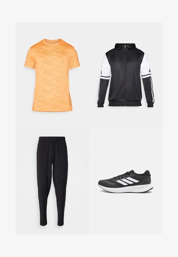 Black zip-up hoodie featuring white sleeves and three white stripes along the arms. Made from a smooth, lightweight fabric. Hoodie design included.; Orange camo-patterned short-sleeve t-shirt with a round neckline and subtle textured fabric. Side slit detail at the hem. Lightweight design.; Black athletic pants with an elastic waistband, tapered design, side pockets, and subtle logo detail. Made from flexible, breathable fabric.; Black athletic shoe with breathable mesh upper, white accents, and a cushioned sole. Features three stripes logo on the side.