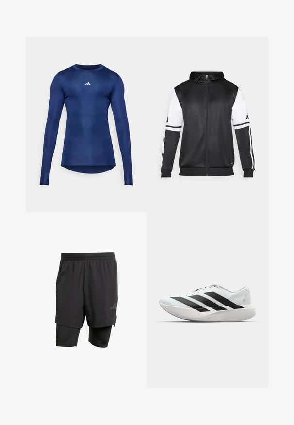 Μαύρη φούτερ με φερμουάρ που διαθέτει λευκά μανίκια και τρεις λευκές ρίγες κατά μήκος των χεριών. Φτιαγμένο από μαλακό, ελαφρύ ύφασμα. Περιλαμβάνει σχέδιο φούτερ.; Ναυτικό αθλητικό μπλουζάκι μακρύ μανίκι; λείο, ελαστικό ύφασμα; στρογγυλή λαιμόκοψη; διαθέτει ένα μικρό λευκό λογότυπο στο στήθος; εφαρμοστό σχέδιο.; Μαύρες αθλητικές βερμούδες με ενσωματωμένο εσωτερικό στρώμα, φτιαγμένες από αναπνεύσιμο ύφασμα. Διαθέτουν διακριτικό λογότυπο και δομημένη υφή. Ρυθμιζόμενη ζώνη στη μέση.; Ελαφριά αθλητικά παπούτσια τρεξίματος σε ανοιχτό μπλε με μαύρες ρίγες. Διαθέτουν λείο άνω μέρος, στρογγυλή μύτη και παχύ λευκό ενδιάμεσο πέλμα που φέρει την ετικέτα "LIGHTSTRIKE PRO."