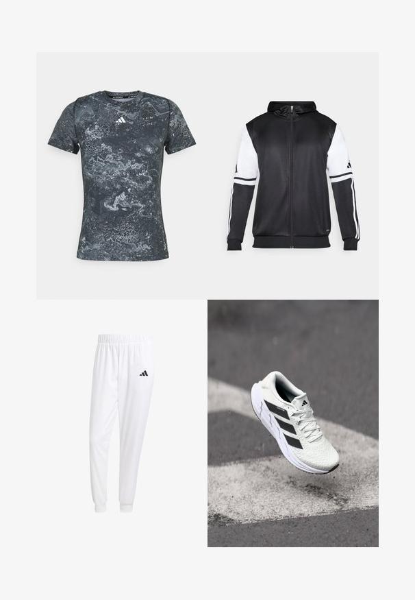 Black zip-up hoodie featuring white sleeves and three white stripes along the arms. Made from a smooth, lightweight fabric. Hoodie design included.; Short-sleeve black athletic shirt with gray marbled pattern, made from smooth fabric, featuring a crew neck and Adidas logo on chest.; White athletic pants made of smooth fabric, featuring an elastic waistband and fitted cuffs, with a black logo on the back pocket.; White athletic shoe with textured mesh upper, black stripes, lace closure, and a cushioned sole, levitating above a marked road surface.