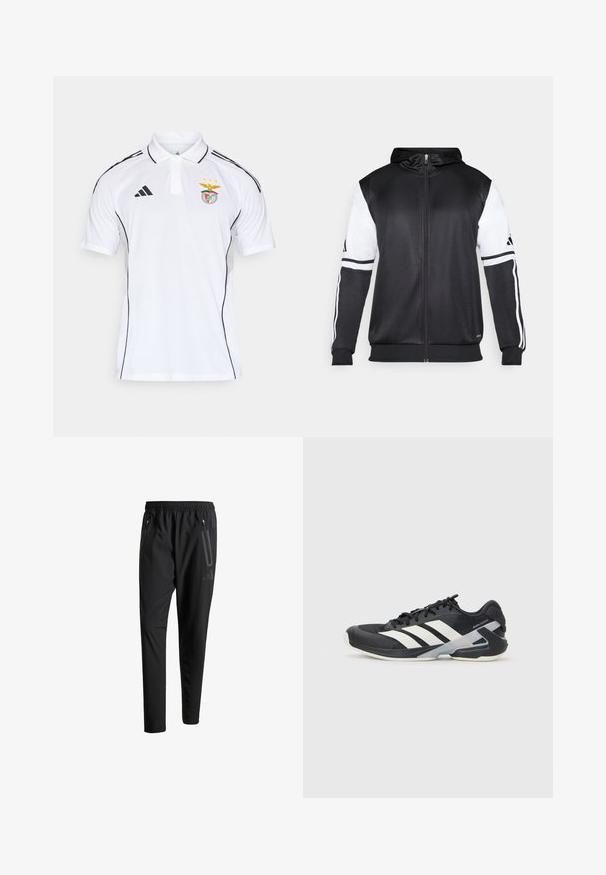 Must eltavõttega must kapuutsiga sviiter, millel on valged varrukad ja kolm valget triipu mööda käsi. Valmistatud siledast ja kergest kangast. Kapuutsi disain on kaasatud.; Valge polo särk mustade triipudega, millel on nööbitav krae ja kuldsete aktsentidega klubi logo tikand rinnal.; Mustavad spordipüksid elastse vöökoha, kahe tõmblukuga küljetasku, kitsenevate säärete ning õrna logodetailiga puusadel.; Mustad sportlik jalanõud mustade värvidega, valgete triipudega, võrgusilma pealmine osa, ümar varvas ja pehme tallaga. Omab tekstureeritud kontsa ja kindlat paeltesüsteemi.